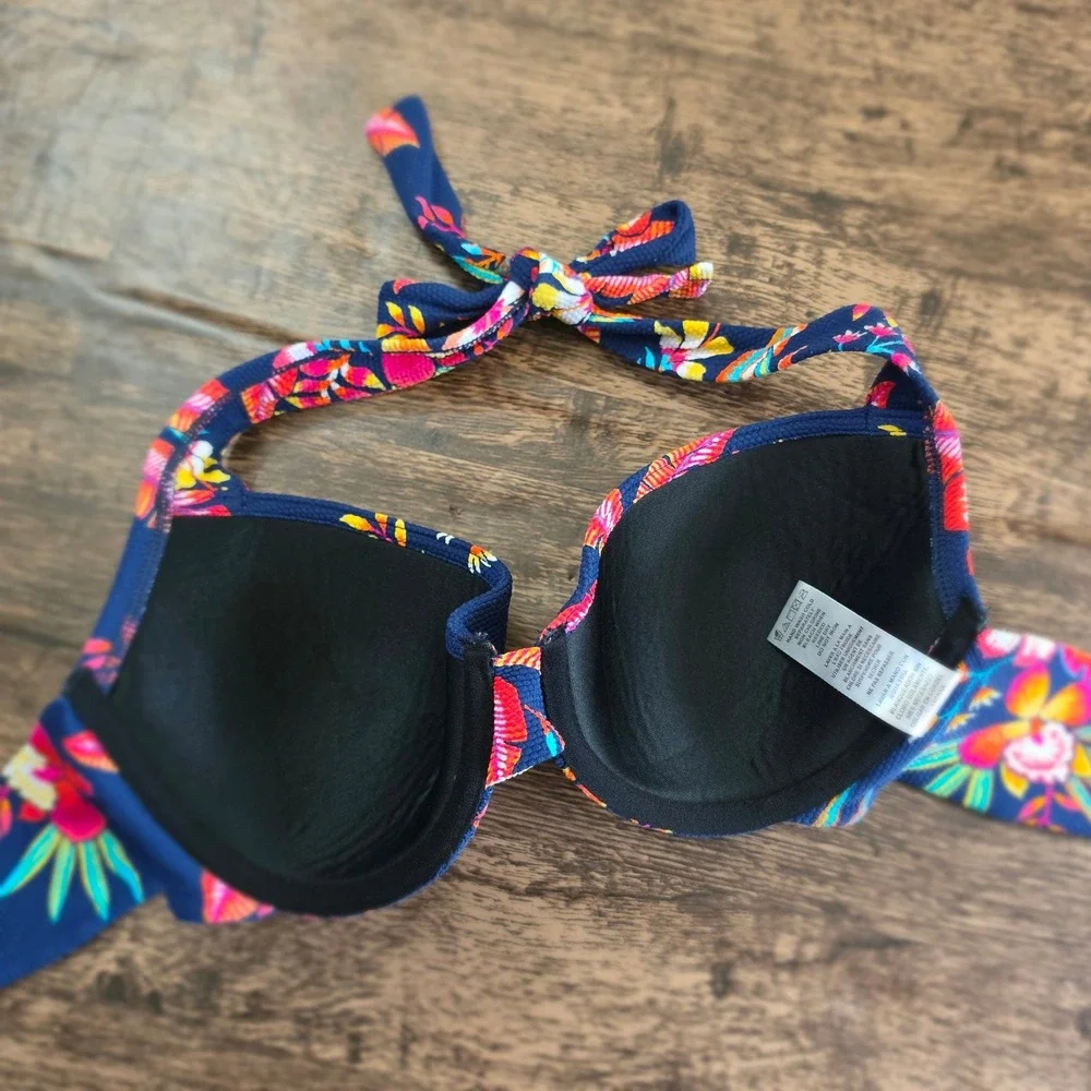 TOMMY BAHAMA Bikini Top Womens 36C Navy Blue Tropical Floral Underwire Halter